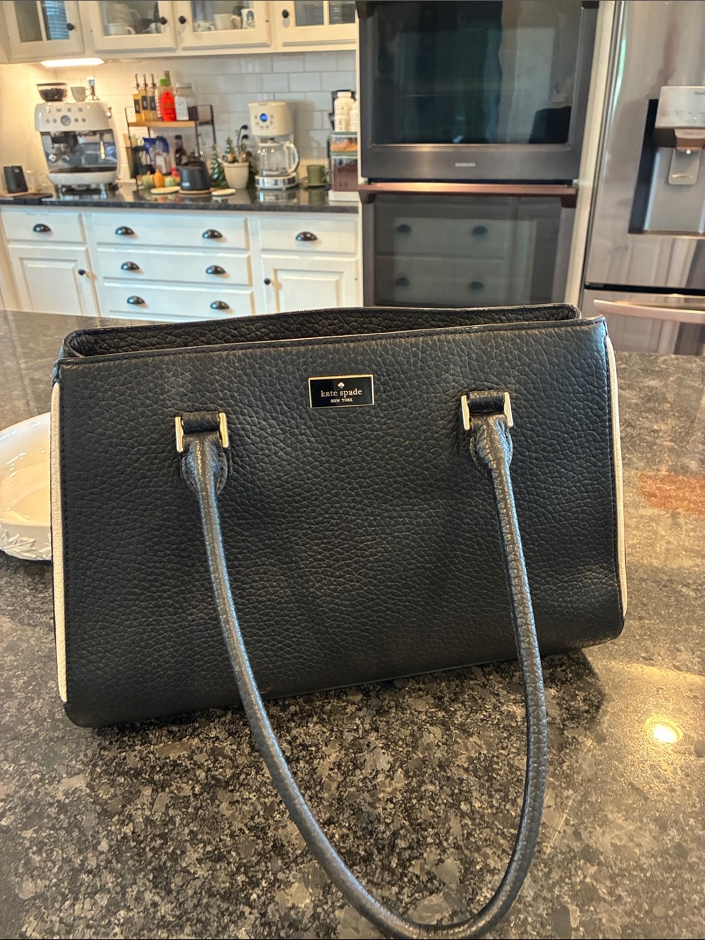 kate spade Black Pebbled Leather Shoulder Bag with Cream Trim